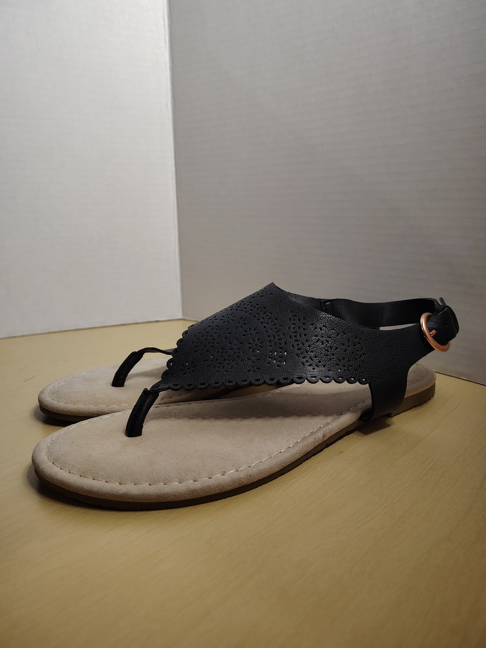 LC Lauren Conrad Black Laser-Cut T-Strap Sandals